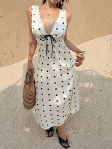 Serisse 女士时尚甜美波点印花系带蕾丝拼接连衣裙 - 黑與白 - 查看 1