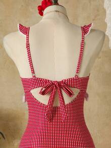 Bellisia Women's Summer Beach Plaid Pattern Deep V Ruffle Bow Tie Front Cute Casual Vacation Style Romper Swimsuit - Red - View 7