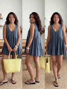 Enliva Plus Size Solid Color Minimalist Sleeveless Casual Dress - Light Grey - View 4