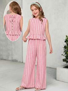SHEIN 少女休闲荷叶边无袖T恤套装 - 粉色 - 查看 4