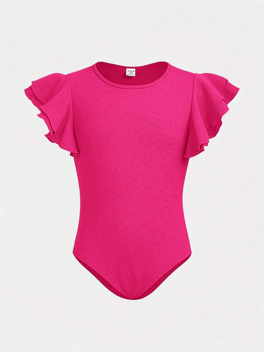 SHEIN Girlism Mono de punto ajustado de unicolor con mangas con volantes para niña preadolescente - Rosa Fucsia - Ver 1
