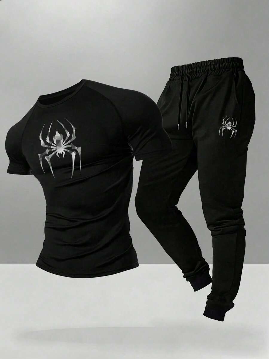 Gym Rark Men's Spider Print Raglan Short Sleeve T-Shirt And Pants Sports Suit - Black - View 1
