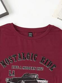 SHEIN Attitoon Áo thun ngắn tay cổ tròn dáng rộng thoải mái in chữ và hình xe hơi phong cách retro dành cho nữ, kiểu dáng đa năng phù hợp cho mùa hè. - Màu Đỏ Sâu - Xem 5