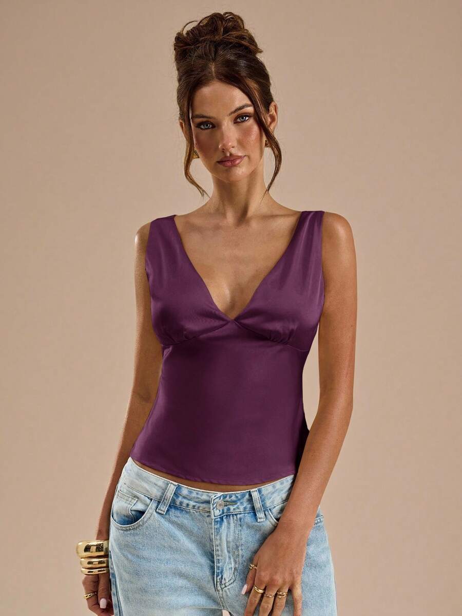 SHEIN BAE 純色緞面V領收腰背心上衣,適合度假、海灘音樂節、早午餐、婚禮賓客伴娘,夏季上衣 - 紫色 - 查看 1