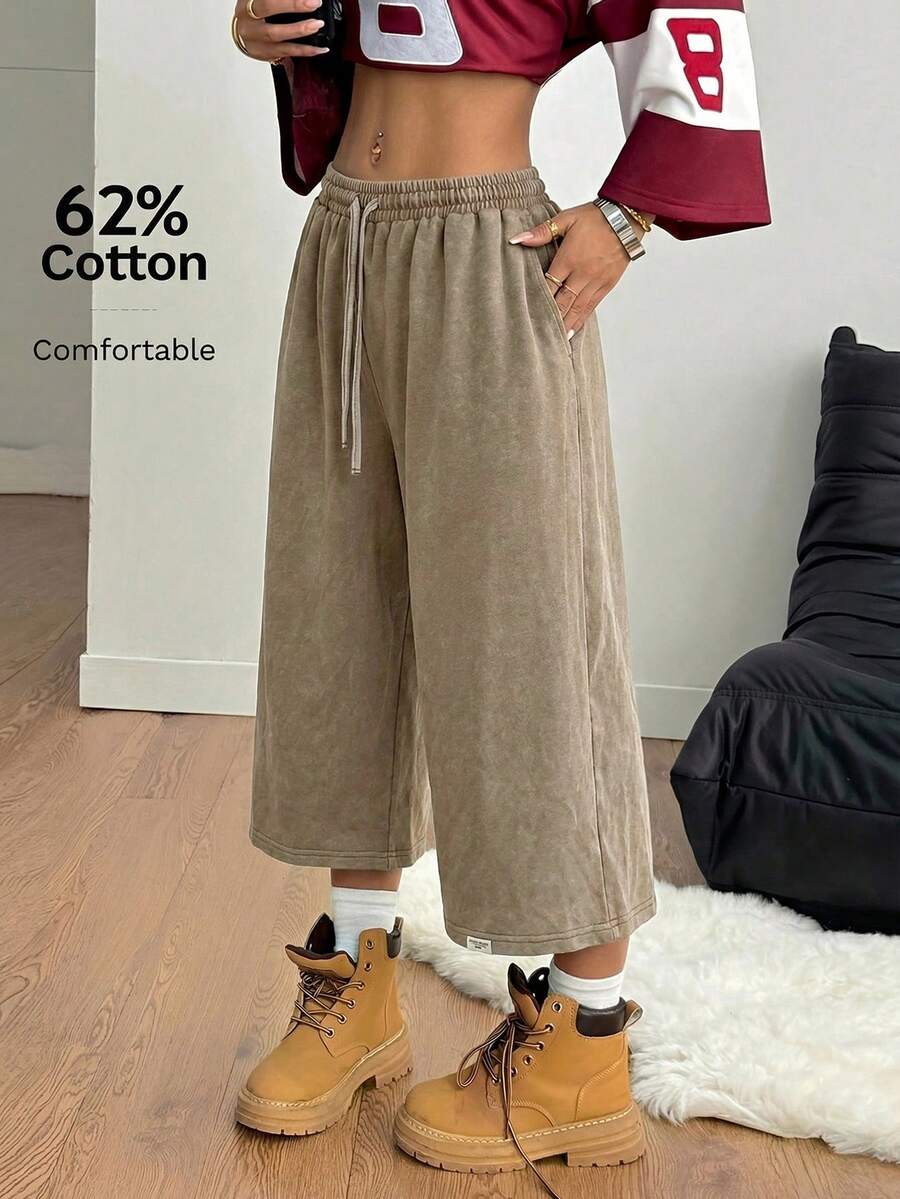 SHEIN Coolane 女士加大码春夏街头风牛仔复古外出宽松水洗弹力腰带黑色短裤 - 棕色 - 查看 1
