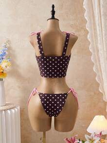 Bellisia 2pcs/Set New Arrival Spring/Summer Polka Dot Drawstring Tie Side Bikini Bottoms & Camisole Top For Women - Multicolor - View 2