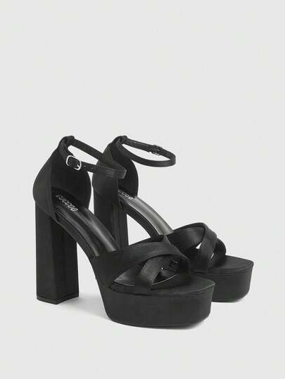 CUCCOO LuxiPop Sandales à talons hauts avec plateforme pour femmes, style de fête avec bride de cheville noire, sandales à talons hauts sexy pour boîte de nuit, orteil carré et sandales à la cheville avec éléments en satin de table d'eau, design simple avec détails, convient pour le port de fête de Noël, cadeaux de la Saint-Valentin, le choix parfait pour les fashionistas, l'atmosphère des vacances, le port d'été, les essentiels de voyage