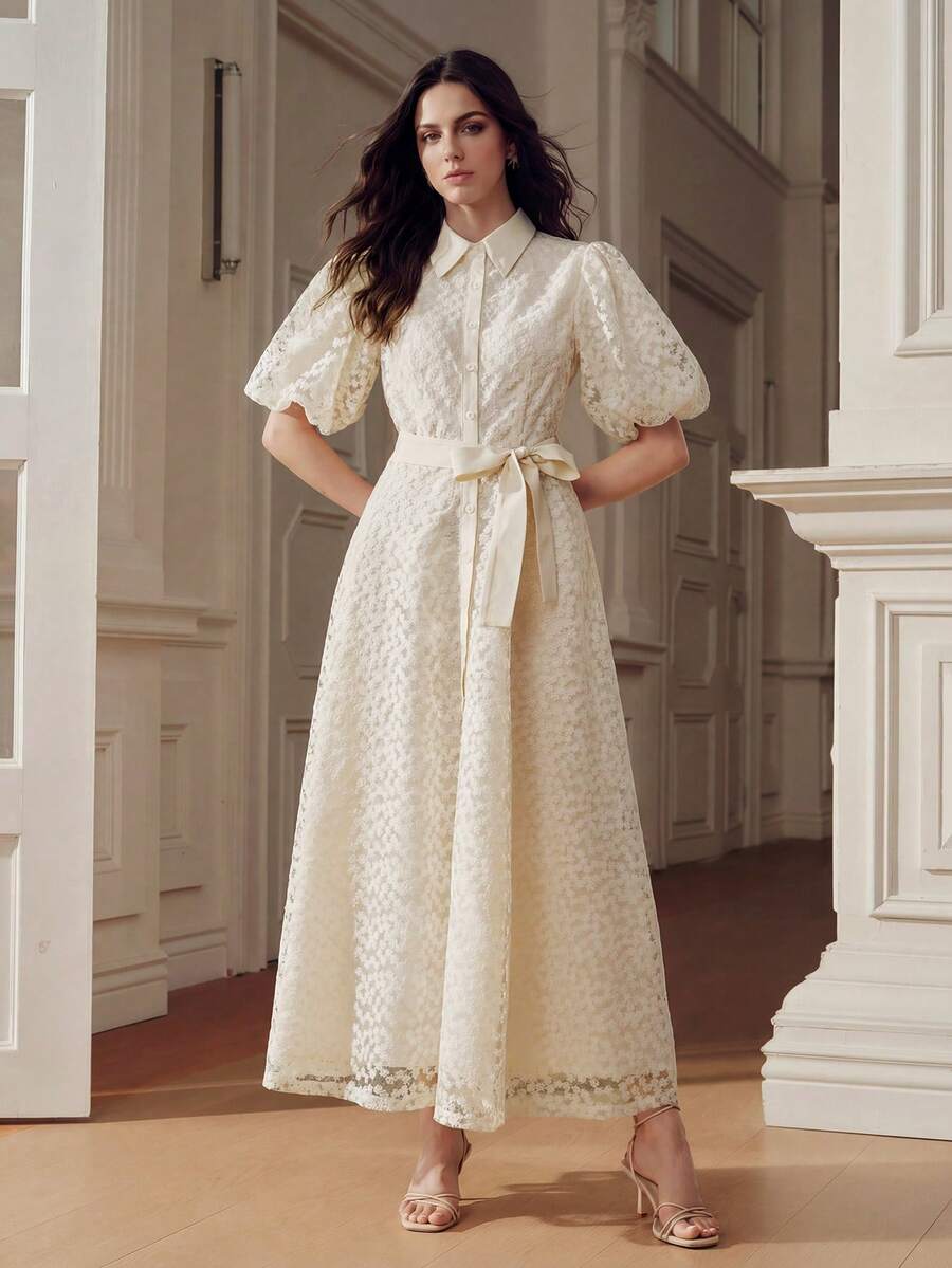 Anewsta Đầm nữ màu be cổ bẻ tay phồng thắt eo ren - Màu be - Xem 1
