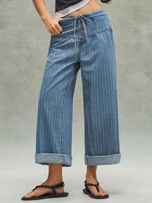 SHEIN BohoFeels Quần ống rộng kẻ sọc dáng suông thường ngày dành cho nữ - Màu xanh lam - Xem 1