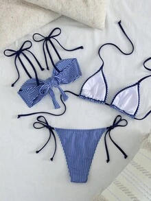 Swim Mod Conjunto de 3 piezas de bikini de estilo dulce con tirantes finos, estampado de rayas y escote descubierto en la espalda para mujer, ideal para playa y festivales de música en primavera y verano - Multicolor - Ver 2