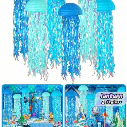 3 piezas de linternas de papel con forma de medusa colgantes de color azul, linternas de papel de colores degradados para fiesta con tema de sirena, decoraciones de cumpleaños de océano submarino, guirnalda para ducha de sirena, decoraciones de fiesta, cintas colgantes azules coloridas para cumpleaños, bautizo, boda, decoraciones de pared, adornos