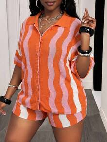 SHEIN CURVE+ Women's Orange Sommar Smart Casual Everyday Bohemian Wave Striped Crochet Knit Sweater 2 Pieces Set,Shirt Collar Short Sleeve Cardigan & Mini Shorts - Multicolor - View 2