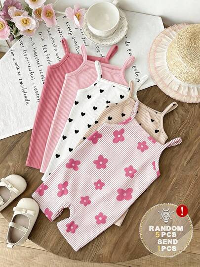 [Random 5pcs, Send 1pc] Vintage Sweet Pink Contrast Stripe, Mini Floral Print, Graffiti Floral, Girly, Chill Chill, Y2K, Kawaii, Baby Girl Casual Camisole Romper, Suitable For Spring/Summer Cute Summer Outfits, Summer Kids Items, Summer Outing Items, Korean Style, Easy Comfort, Stylish Kids, Y2K, Kawaii, Party, Everyday, Vacation, Cute, Comfy, Summer 2026, Cottagecore, Weekend Casual, Family Outing, Photoshoot Outfits, Chill Chill, Baby & Kids Graphic Tops