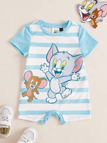 TOM & JERRY X SHEIN Baby Boy Cartoon Print Color Block Crew Neck Casual Romper - Multicolor - View 1