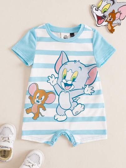 TOM & JERRY X SHEIN Áo liền quần cổ tròn phối màu in hình hoạt hình cho bé trai