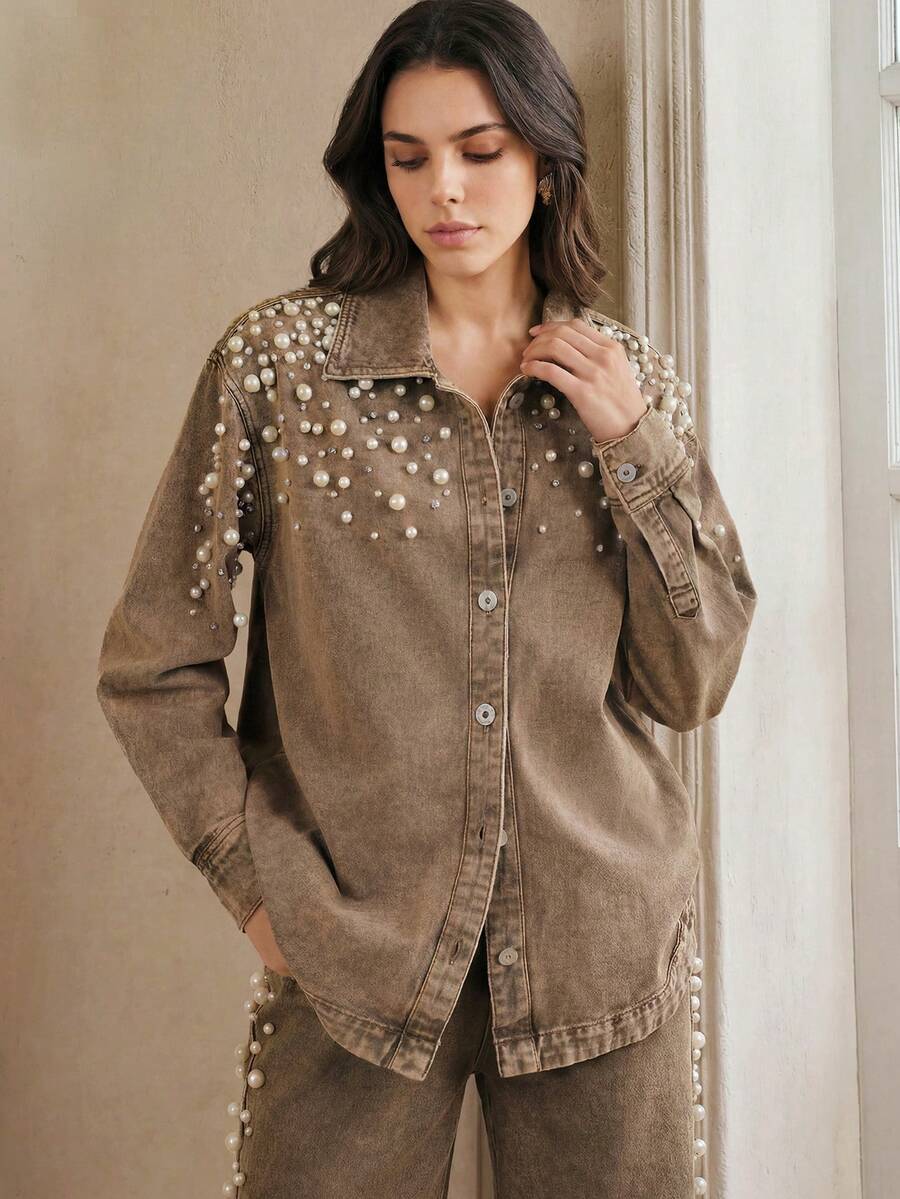 Fashionable Elegant Modern Women's Button-Up Long Mid-Length High-End Pearl & Rhinestone Embellished Denim Shirt Blouse - Mocha Brown - View 1
