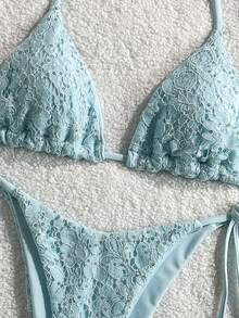 Swim Mod 2-Piece Swimwear, Solid Color Sequin Textured Halter Bra Top And Side Tie Bottoms Sexy Bikini Set, Spring/Summer Beach Vacation - Blue - View 4