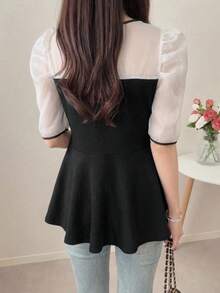 FRIFUL Women's Contrast Color Patchwork Sheer Lace Slim Fit T-Shirt, Versatile For Spring & Summer - Black - View 2