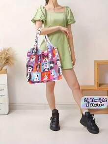 1 pieza Bolsa de compras plegable de gran capacidad con diseño de dibujos animados, ligera y portátil, reutilizable para supermercado y uso diario - A - Ver 1