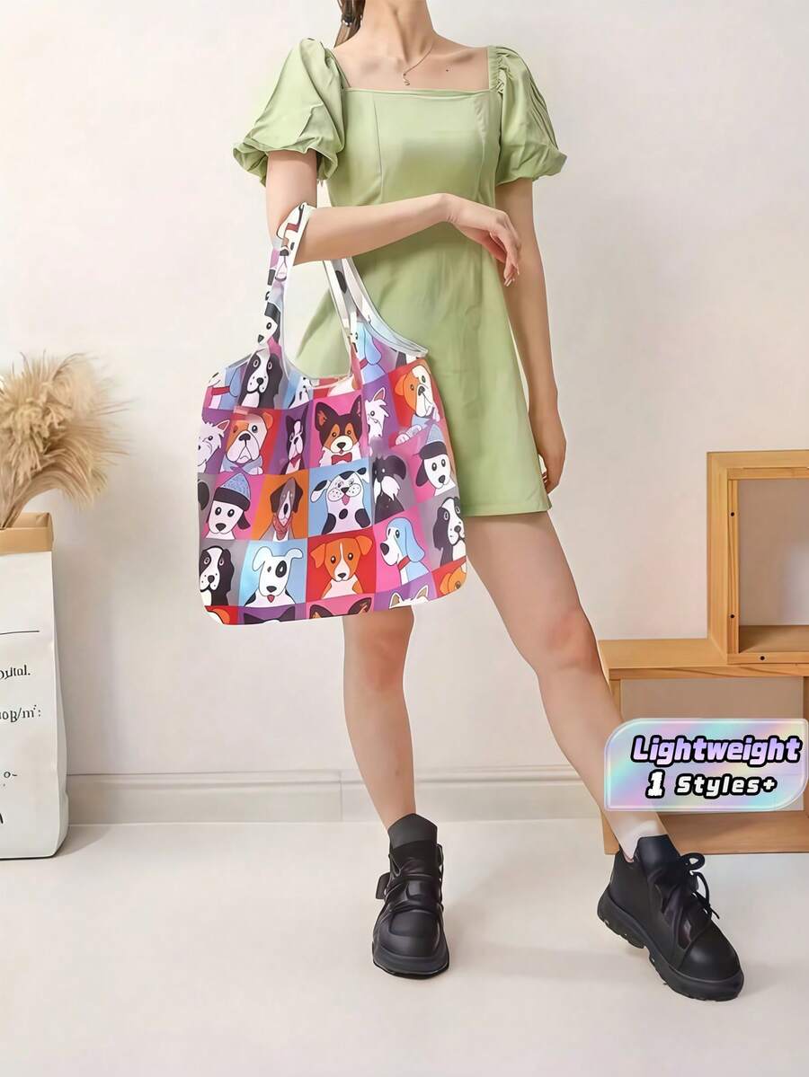 1 pieza Bolsa de compras plegable de gran capacidad con diseño de dibujos animados, ligera y portátil, reutilizable para supermercado y uso diario - A - Ver 1