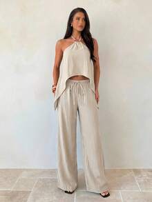 Aloruh Khaki Minimalist Commuter Metal Buckle Decor Backless Strap Women's Camisole + Loose Super Long Khaki Pants Ladies 2 Pieces Set,Vacation Outfits Women,Summer Outfits For Women - Khaki - View 8