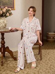 Conjunto de ropa de estar en casa informal de top de una sola hilera y pantalones con estampado completo para mujer - Multicolor - Ver 4