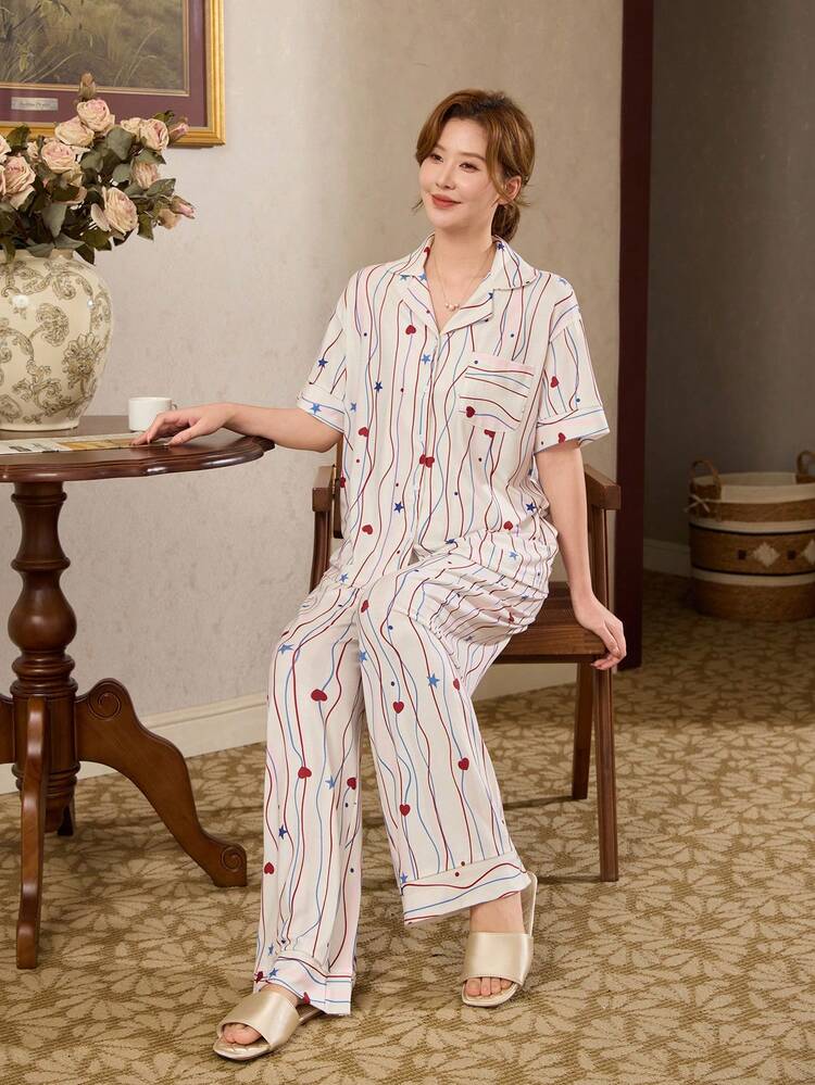 Women's Full Print Single-Breasted Top And Pants Casual Loungewear Set