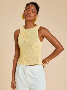 Travachic Yellow 3D Floral Knit Vest, Casual Summer - Yellow - View 4