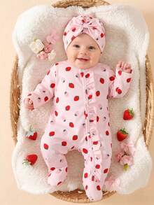 SHEIN 新生儿蝴蝶结印花可爱连体衣配帽子，秋冬季 - 粉色 - 查看 1