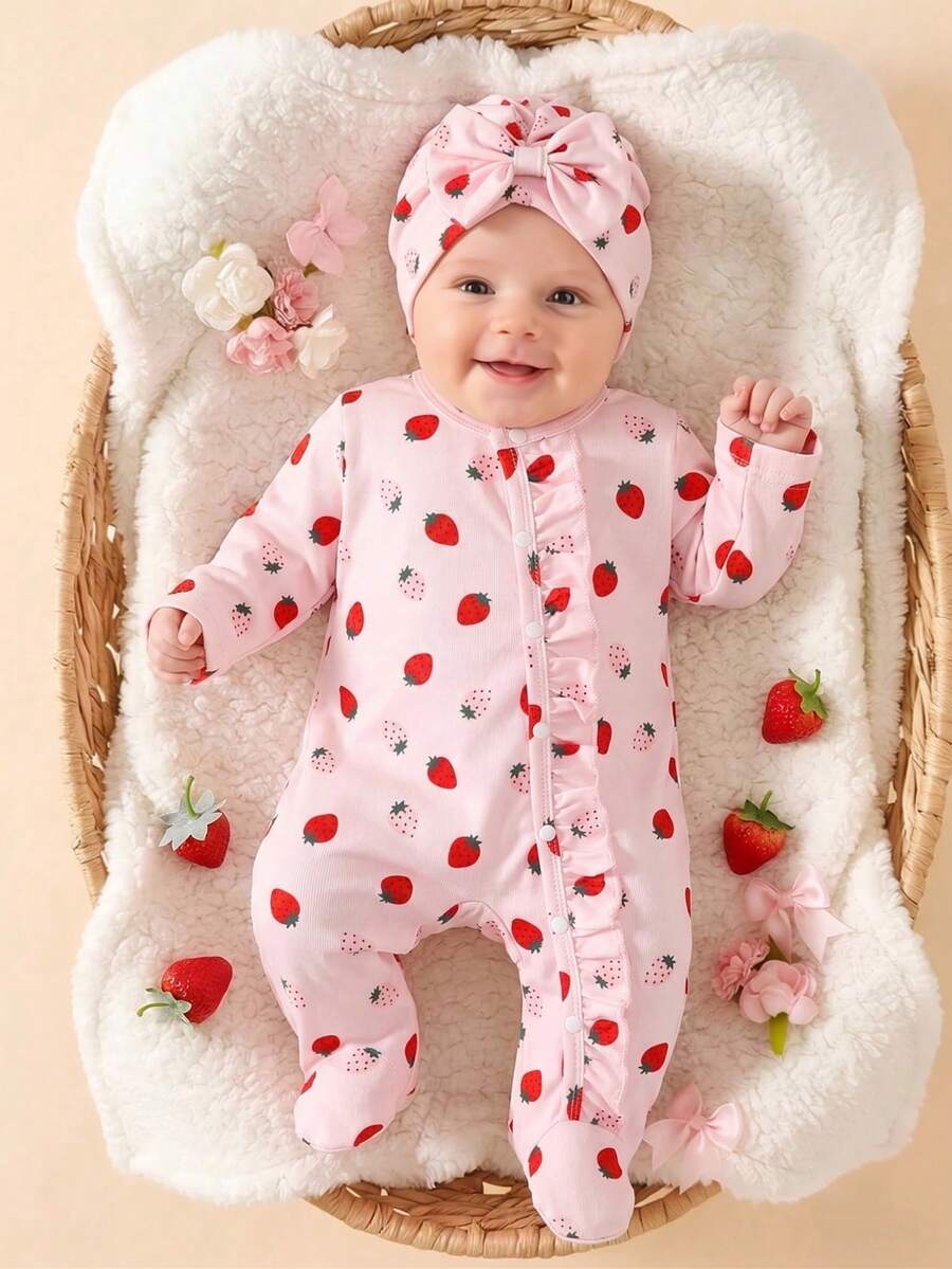 SHEIN 新生儿蝴蝶结印花可爱连体衣配帽子，秋冬季 - 粉色 - 查看 1
