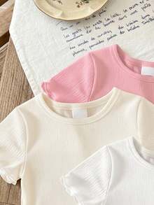 SHEIN Playful Pals 4pcs/Set Infant & Toddler Girls Grey And Pink,Summer,Casual,Graduation,Back-To-School Korean Style Ruffle Trim Ribbed Solid Short Sleeve Basic Tops - Multicolor - View 5