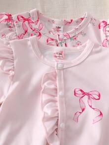 2pcs Newborn Soft Pink Floral Butterfly Ruffle Front Snap Closure Romper & 2pcs Matching Floral Hair Accessories - Pink - View 4