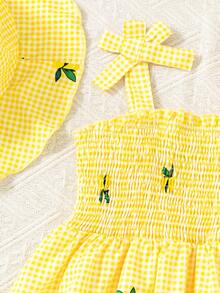 SHEIN Young Girl Lemon Print Gingham Sleeveless A-Line Sundress With Matching Hat - Yellow - View 7