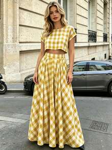 Pariaura Bộ 2 món gồm áo croptop và chân váy cạp cao kẻ caro vàng trắng dành cho nữ, trang phục nghỉ hè thanh lịch. - Nhiều màu - Xem 5