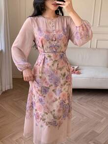 SHEIN Lacomfia Đầm dài tay cổ tròn chất liệu chiffon in họa tiết, kiểu dáng ôm sát, xòe rộng, thời trang xuân hè. - Nhiều màu - Xem 6