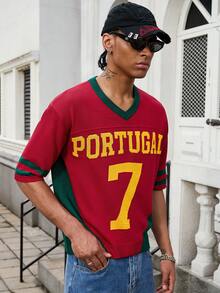 GALLERY FADE Men's Contrast Color Patchwork Letter Pattern Knit Top, Football - Red - View 6