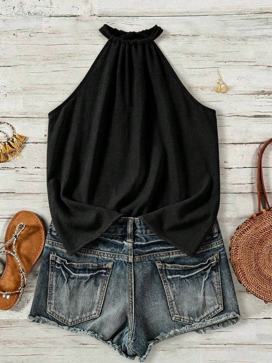 EMERY ROSE Solid Black Casual Versatile Women Summer Sleeveless Spaghetti Strap Tank Top - Black - View 1