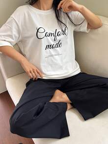 Livesso 2pcs/Set Women Graphic Print Loose Short Sleeve T-Shirt And Straight Long Pants Pajama Set, Summer - White - View 4