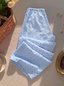 Elamini Trang phục mùa hè mới dành cho nữ, quần ống rộng dáng suông màu xanh chấm bi thời trang retro, cạp chun co giãn giúp thon gọn vóc dáng, kiểu dáng thoải mái, đa năng, phù hợp ở nhà, ngoài trời, công sở và đi học. - Màu xanh lam - Xem 2