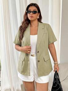 EMERY ROSE Plus Size Women Solid Color Short Sleeve Lapel NeckBlazer - Olive Green - View 4