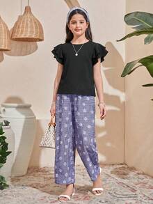 SHEIN LMoss Kids 少女白色纹理编织圆领褶皱荷叶边泡泡袖修身休闲上衣，度假风，法式优雅，适合春季外出和返校穿着 - 黑色 - 查看 5