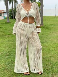 Dazy Plus 2pcs/Set V-Neck Long Sleeve Semi-Sheer Cover Up Swimsuit Cover Up & Pants, Plus Size Women, Spring/Summer Vacation Beach Outfits - Apricot - View 5