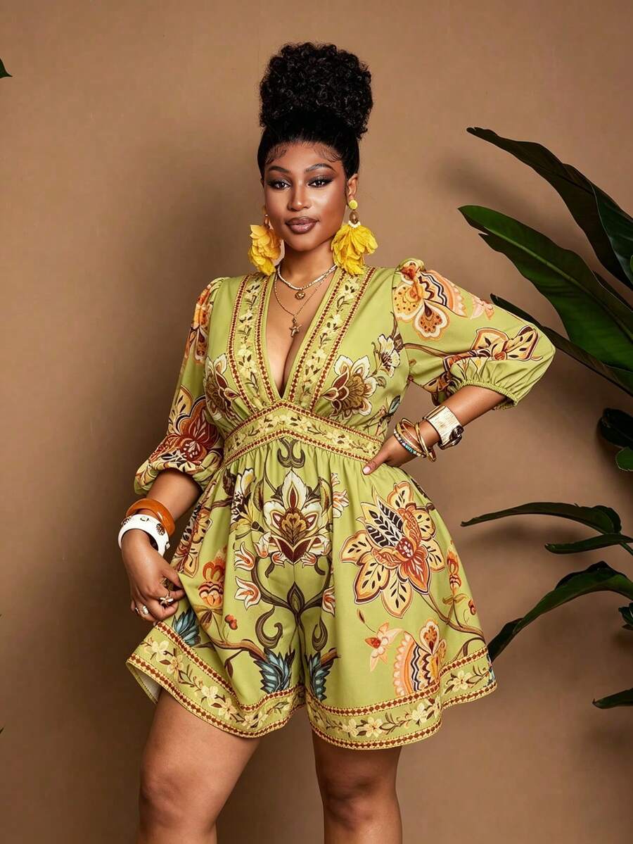 Maweii Plus Size Women's Floral Print V-Neck Puff Sleeve Waist Cinched Jumpsuit Fall - Multicolor - View 1