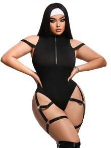 SHEIN Plus Size Fashionable Pioneer Zipper Knit Jumpsuit - Black - View 3