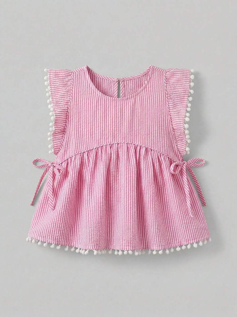 Maija Kids Maija Kids 女童圓領粉色條紋荷葉邊休閒百搭日常穿著上衣 4歲 5號舒適上衣 夏季日常可愛款 - 彩色 - 查看 1