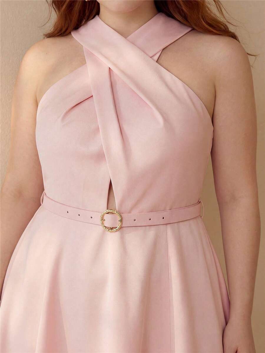 MOTF PREMIUM WOMEN'S PLUS HALTER CINCHED WAIST FLARED DRESS, SPRING/SUMMER GYM BROWN - Pink - View 2