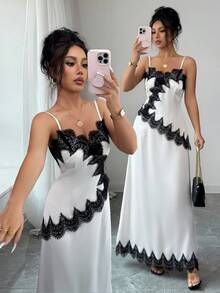 Selianne Conjunto de Saia Minimalista Estilo A-Line com Recortes de Renda Sem Mangas, Adequado para Encontros, Reuniões, Aniversários, Primavera/Verão - Damasco - Visão 3