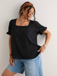 Freevana Plus Size Lace Patchwork Square Collar Short Sleeve Shirt,Puff Sleeve Blouse - Brown - View 3