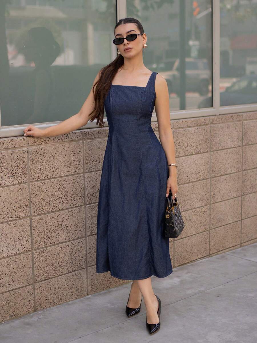 Andrea Bello 女士方领无袖休闲褶皱牛仔连衣裙 - 深色水洗藍 - 查看 1