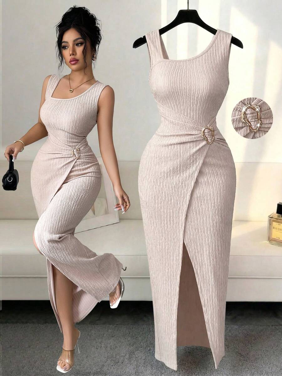 Elenzga Women's Elegant Apricot Sleeveless Fitted Flared Dress With Metal Decor Button Design, Spring/Summer Textured Fabric Metal Buckle Decoration Bride Church - Apricot - View 1